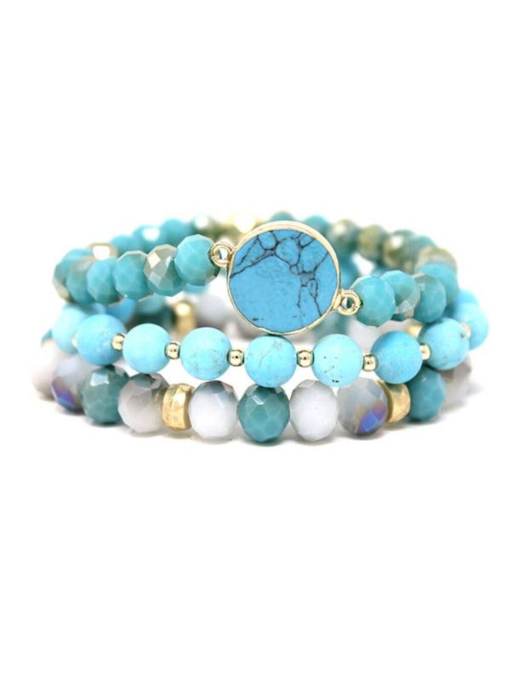 Turquoise Beaded Stretch Bracelet Set with Gold Accents